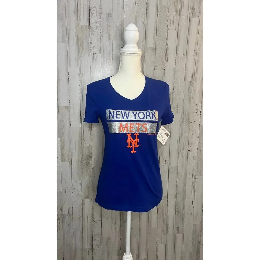 NWT New York Mets Girls XL Blue V-Neck T-Shirt‎ Official MLB Merchandise